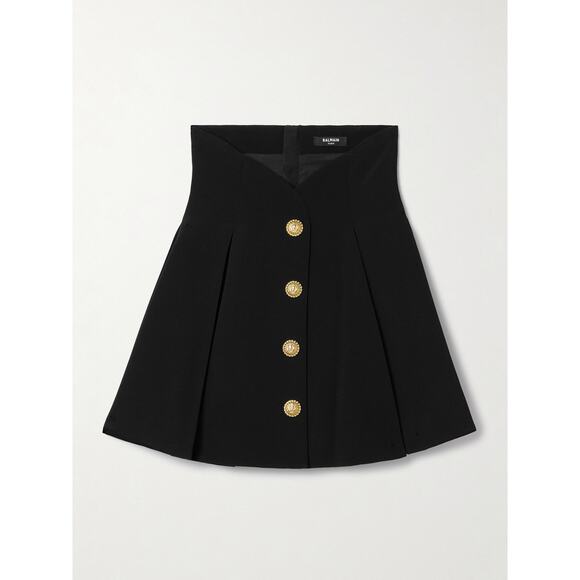 Balmain Button-Embellished Black Pleated Crepe Mini Skirt Size 36